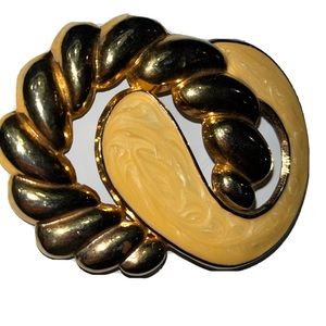 Vintage 1980s Golden Tone Cream Enamel Swirl Belt Buckle Art 3.5”Long Statement